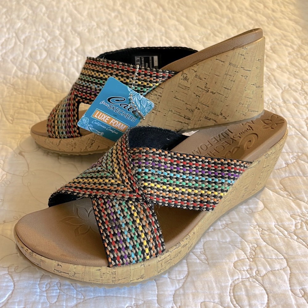 Sketchers Beverlee Delighted Wedge Sandals Size 9 Cali Luxe Multi Color Tan